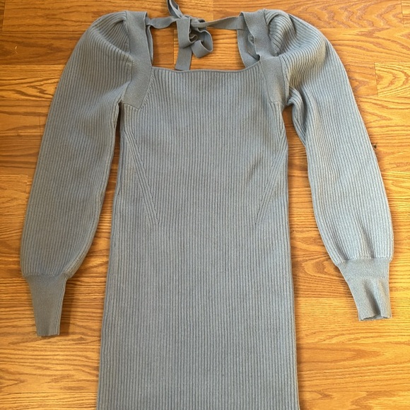 House of Harlow 1960 Dune Blue Knit Ribbed Long Sleeve Square Neck Dress Sz Med - Picture 8 of 10